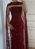 Elegant Mermaid Strapless Burgundy With Sequins Scarf Long Formal Fancy Evening Dress Dinner Outfits Classy Party Gowns HZ0311