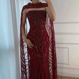 Elegant Mermaid Strapless Burgundy With Sequins Scarf Long Formal Fancy Evening Dress Dinner Outfits Classy Party Gowns HZ0311
