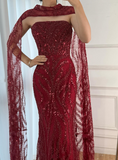 Elegant Mermaid Strapless Burgundy With Sequins Scarf Long Formal Fancy Evening Dress Dinner Outfits Classy Party Gowns HZ0311