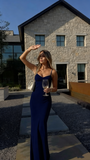 Simple Mermaid Spaghetti Straps Champagne Silky Satin Long Formal Fancy Prom Evening Dress Dinner Outfits Classy Party Gowns HZ0311
