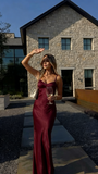 Simple Mermaid Spaghetti Straps Champagne Silky Satin Long Formal Fancy Prom Evening Dress Dinner Outfits Classy Party Gowns HZ0311
