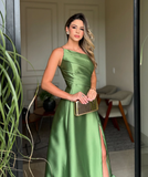 Classy Prom Dresses Inspiration A line One Shoulder Green Satin Long Semi Formal Dance Grad Prom Dresses For Teens HZ0311