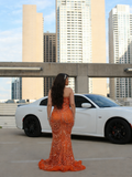 Elegant Mermaid Sweetheart Orange Sequin With Beadings Long Formal Prom Evening Dress Dinner Outfits Party Gowns HZ0311
