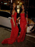 Glitter Mermaid Off The Shoulder Red Sequins Long Formal Fancy Prom Evening Dress Dinner Outfits Classy Party Gowns For Black Girls HZ0311