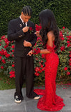 Glitter Mermaid Off The Shoulder Red Sequins Long Formal Fancy Prom Evening Dress Dinner Outfits Classy Party Gowns For Black Girls HZ0311