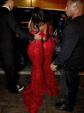 Glitter Mermaid Off The Shoulder Red Sequins Long Formal Fancy Prom Evening Dress Dinner Outfits Classy Party Gowns For Black Girls HZ0311