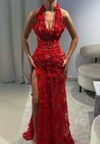 Modest Mermaid Halter Red Slit Lace Long Formal Prom Evening Dress Dinner Outfits Party Gowns For Teens Girls HZ0311
