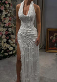 Modest Mermaid Halter Red Slit Lace Long Formal Prom Evening Dress Dinner Outfits Party Gowns For Teens Girls HZ0311
