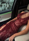 Modest Mermaid Halter Red Slit Lace Long Formal Prom Evening Dress Dinner Outfits Party Gowns For Teens Girls HZ0311