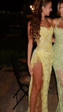 Modest Senior Prom Dresses High Schools Inspiration Mermaid Sweetheart Yellow Lace With Slit Semi Formal Grad Long Prom Dress For Teens HZ0311