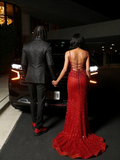 Sexy Special Occasion Dress Mermaid Sweetheart Red Prom Dresses With Split Beads Party Dress Long Evening Dresses HZ0311