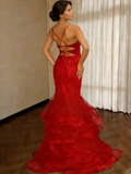 Elegant Mermaid Spaghetti Straps Red Sequin With Beadings Long Formal Prom Evening Dress Dinner Outfits Party Gowns HZ0311