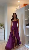Classy High Low Strapless Grape Satin Slit Prom Dresses Party Dress Long Evening Dresses HZ0311