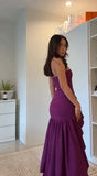 Classy High Low Strapless Grape Satin Slit Prom Dresses Party Dress Long Evening Dresses HZ0311