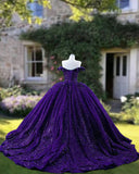 Chic Ball Gown Off The Shoulder Grape Sequins Long Formal Fancy Prom Evening Dress Dinner Outfits Party Gowns For Teens Girls HZ0311