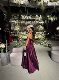 Modest Ball Gown Strapless Purple Satin Prom Dresses Drop Waist Party Dress Evening Dresses HZ0311