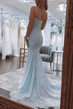 Sexy Prom Dresses 1950s Mermaid Spaghetti Straps Light Sky Blue Sequins Long Parties Gowns Evening Dress HZ0311