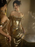 Mermaid Off The Shoulder Gold Sequin Short Sleeves Prom Dresses Inspiration Long Night Outfits Birthday Outfit HZ0311