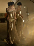 Mermaid Off The Shoulder Gold Sequin Short Sleeves Prom Dresses Inspiration Long Night Outfits Birthday Outfit HZ0311