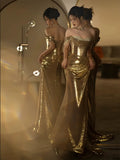 Mermaid Off The Shoulder Gold Sequin Short Sleeves Prom Dresses Inspiration Long Night Outfits Birthday Outfit HZ0311