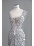 Modest Mermaid Square Neck Sequins With Beaded Silver Gray Prom Dresses Inspiration Long Party Evening Dress 19th Birthday Outfits HZ0311