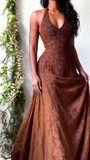 Vintage Mermaid Purple Lace Halter Prom Dresses Long Evening Party Dress Prom Gowns HZ0311