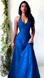 Vintage Mermaid Purple Lace Halter Prom Dresses Long Evening Party Dress Prom Gowns HZ0311