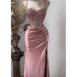 Pink Mermaid Prom Dresses Side Split Spaghetti Straps Sexy Special Dress Lace Appliques Crystals Beaded Party Gowns HZ0311