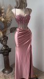 Pink Mermaid Prom Dresses Side Split Spaghetti Straps Sexy Special Dress Lace Appliques Crystals Beaded Party Gowns HZ0311