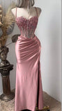 Pink Mermaid Prom Dresses Side Split Spaghetti Straps Sexy Special Dress Lace Appliques Crystals Beaded Party Gowns HZ0311