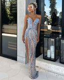 Gorgeous Mermaid Sweetheart Blue Slit Sequins Beaded Bodice Prom Dresses Long Formal Party Gown HZ0311