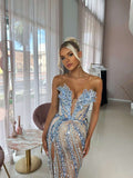 Gorgeous Mermaid Sweetheart Blue Slit Sequins Beaded Bodice Prom Dresses Long Formal Party Gown HZ0311