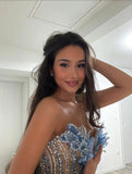Gorgeous Mermaid Sweetheart Blue Slit Sequins Beaded Bodice Prom Dresses Long Formal Party Gown HZ0311