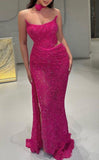 Mermaid Prom Dresses Strapless Sexy Special Slit Dress Sequins Hot Pink Party Gowns HZ0311