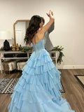 Attractive Ball Gown Basque Waist Corset Ruffle Blue Slit Prom Dresses HZ0311