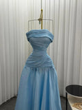 Gorgeous Chic Blue Strapless Sleeveless A Line Long Prom Dresses With Pleated Formal Gowns HZ0311