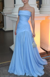 Gorgeous Chic Blue Strapless Sleeveless A Line Long Prom Dresses With Pleated Formal Gowns HZ0311