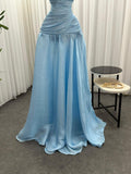 Gorgeous Chic Blue Strapless Sleeveless A Line Long Prom Dresses With Pleated Formal Gowns HZ0311