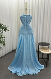 Gorgeous Chic Blue Strapless Sleeveless A Line Long Prom Dresses With Pleated Formal Gowns HZ0311