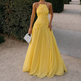 Elegant A line Halter Yellow Prom Dresses Chiffon Pleated Ruffle Formal Evening Dress Party Gowns HZ0311