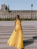 Elegant A line Halter Yellow Prom Dresses Chiffon Pleated Ruffle Formal Evening Dress Party Gowns HZ0311