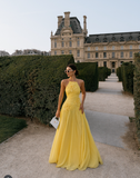 Elegant A line Halter Yellow Prom Dresses Chiffon Pleated Ruffle Formal Evening Dress Party Gowns HZ0311