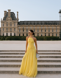 Elegant A line Halter Yellow Prom Dresses Chiffon Pleated Ruffle Formal Evening Dress Party Gowns HZ0311