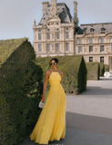 Elegant A line Halter Yellow Prom Dresses Chiffon Pleated Ruffle Formal Evening Dress Party Gowns HZ0311