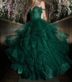Modest Ball Gown Off The Shoulder Tulle Lace Appliqued Dark Green Long Prom Dress Evening Formal Gowns HZ0311