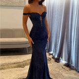 Navy Blue Mermaid Lace Appliques Prom Dresses Long for Women 2026 Off the Shoulder Illusion Formal Vestidos De Dia HZ0311