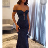 Navy Blue Mermaid Lace Appliques Prom Dresses Long for Women 2026 Off the Shoulder Illusion Formal Vestidos De Dia HZ0311