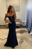 Navy Blue Mermaid Lace Appliques Prom Dresses Long for Women 2026 Off the Shoulder Illusion Formal Vestidos De Dia HZ0311