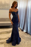 Navy Blue Mermaid Lace Appliques Prom Dresses Long for Women 2026 Off the Shoulder Illusion Formal Vestidos De Dia HZ0311