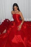Princess A Line Strapless Red Long Party Dress with Ruffles Vestidos De Dia HZ0311